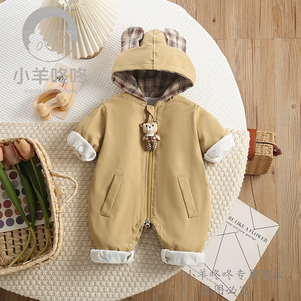 春秋款萌熊伴行哈衣男女宝格子连帽卡通拉链婴幼儿连体衣爬爬服服