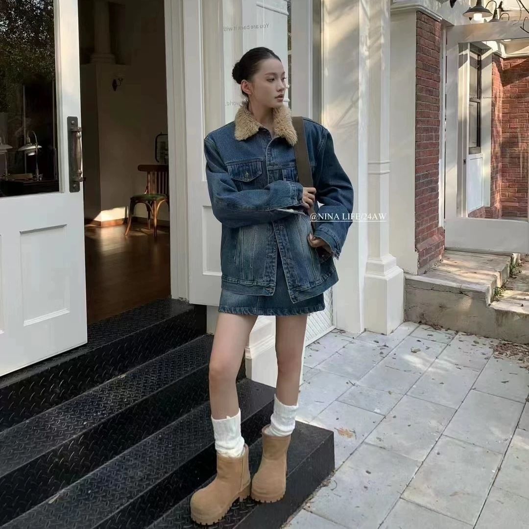 十三行韩版复古宽松显瘦加绒牛仔外套半身裙两件套女2025冬季新款
