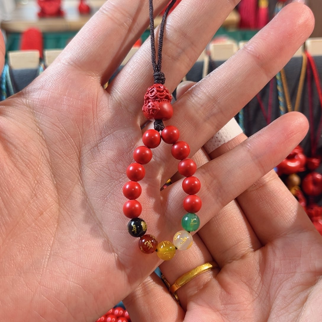 天然辰砂含辰砂工艺品五路财神手机坠