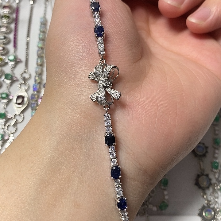 烟晶手链银S925镶嵌925银镶嵌蓝宝石