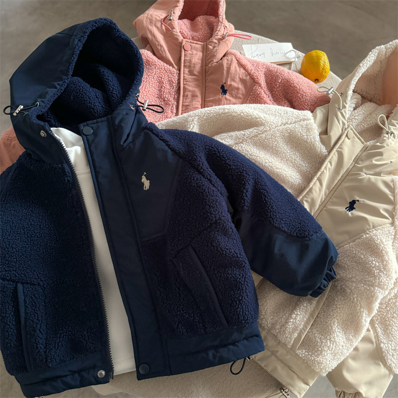 儿童夹棉外套2025冬款男女童羊羔毛拼接连帽棉服男潮酷痞帅童装