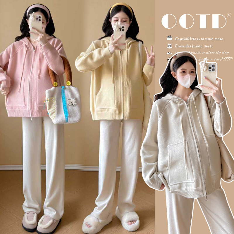 时尚孕妇秋冬新款宽松韩版显瘦显瘦减龄连帽加厚毛衣开衫外套