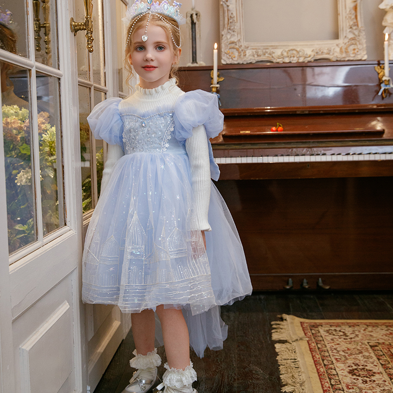 【本妈】秋”城堡公主"女童泡泡袖针织亮片刺绣连衣裙80137 39‘9’