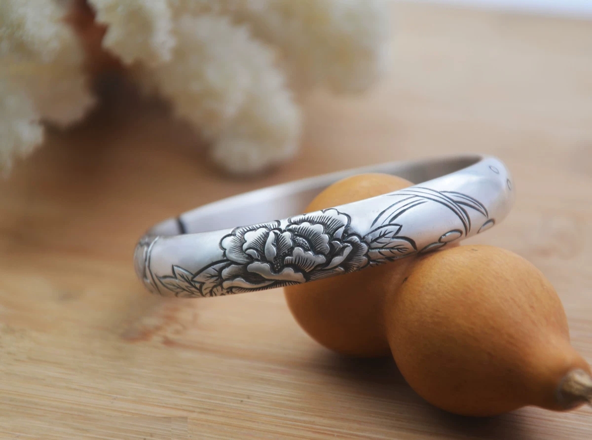 足银手镯 润土匠心浮雕芙蓉花【金玉芙蓉手镯】纯手工定制清新银镯