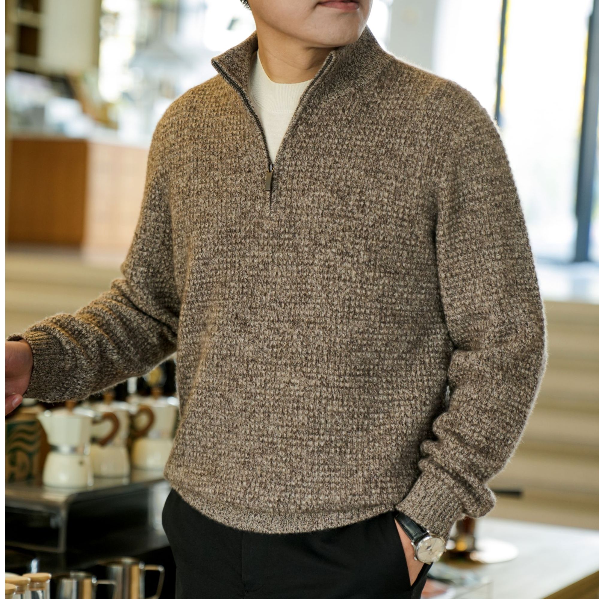 100%纯羊绒衫男半拉链提羊绒衫冬季青年高档毛衣潮加厚秋冬