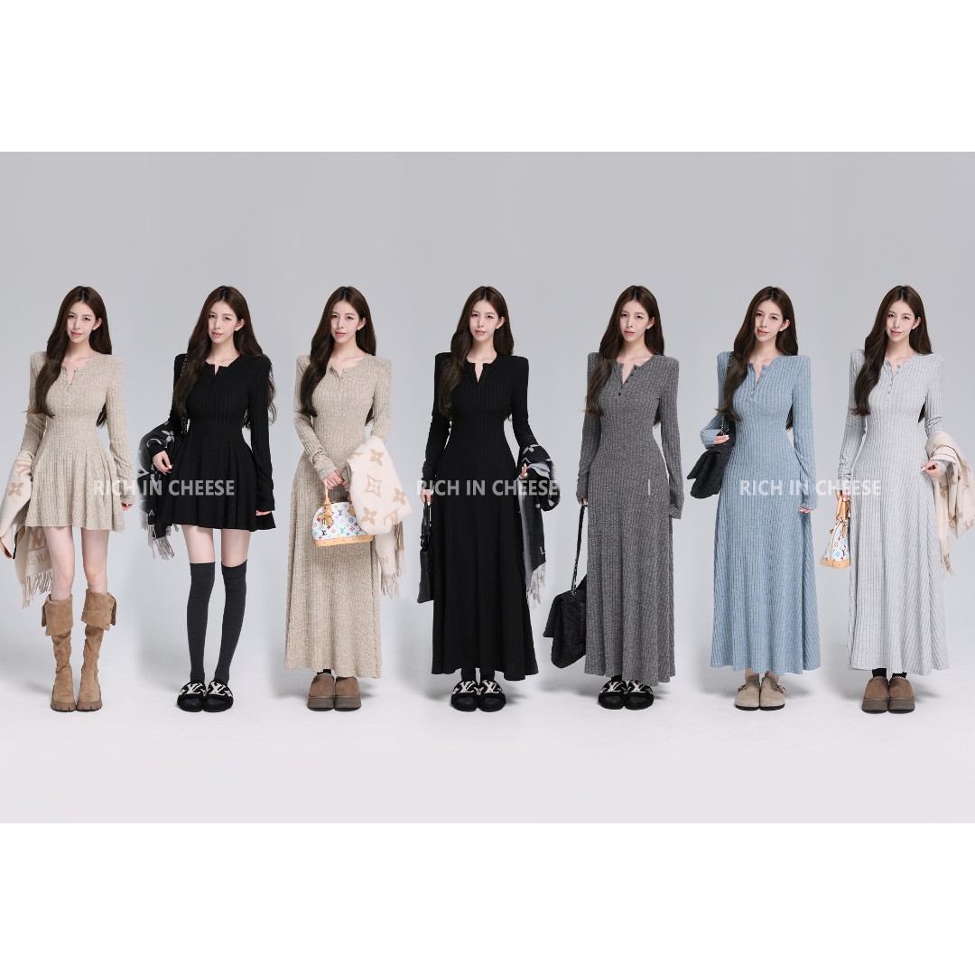 舒胡蕾 韩漫天菜【系列合集】秋冬磨毛坑条针织气质收腰连衣裙
