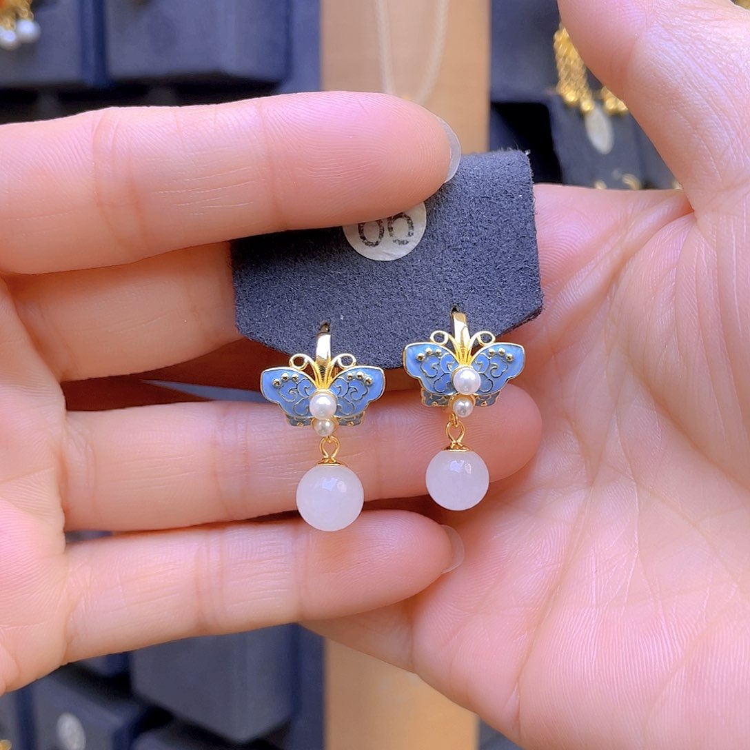 和田玉耳饰银S925镀金镶嵌