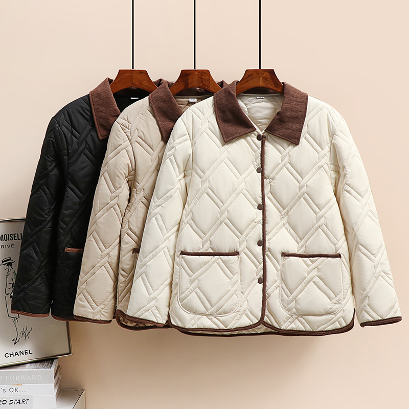 撞色翻领秋冬季轻薄保暖棉衣韩版时尚麻花设计棉服#2566