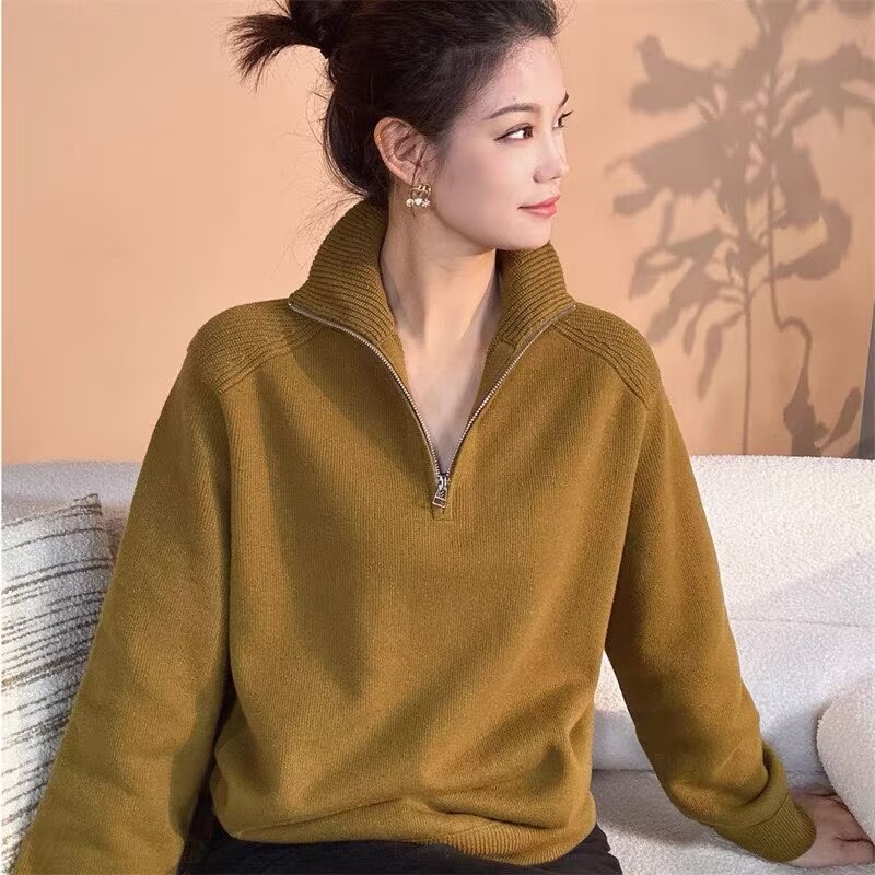 【商场同款】简约半高领拉链羊毛针织衫宽松保暖厚款套头毛衣538085