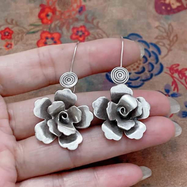 925银耳饰 泰国清迈手工银耳饰 做旧复古文艺民族风小花朵耳坠