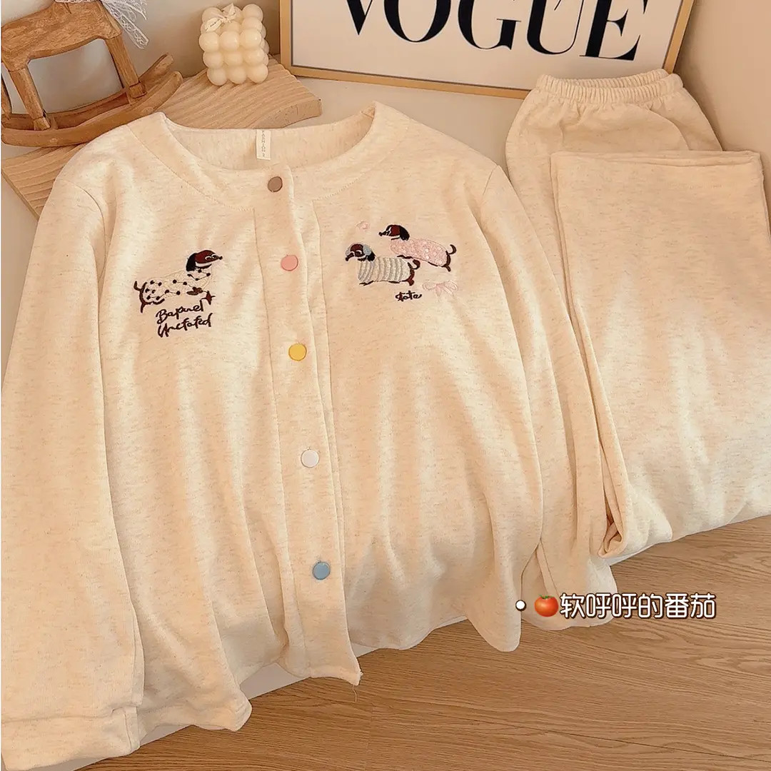 韩味狗狗｜甜美刺绣带胸垫女秋冬加厚阳离子绒长袖开衫睡衣