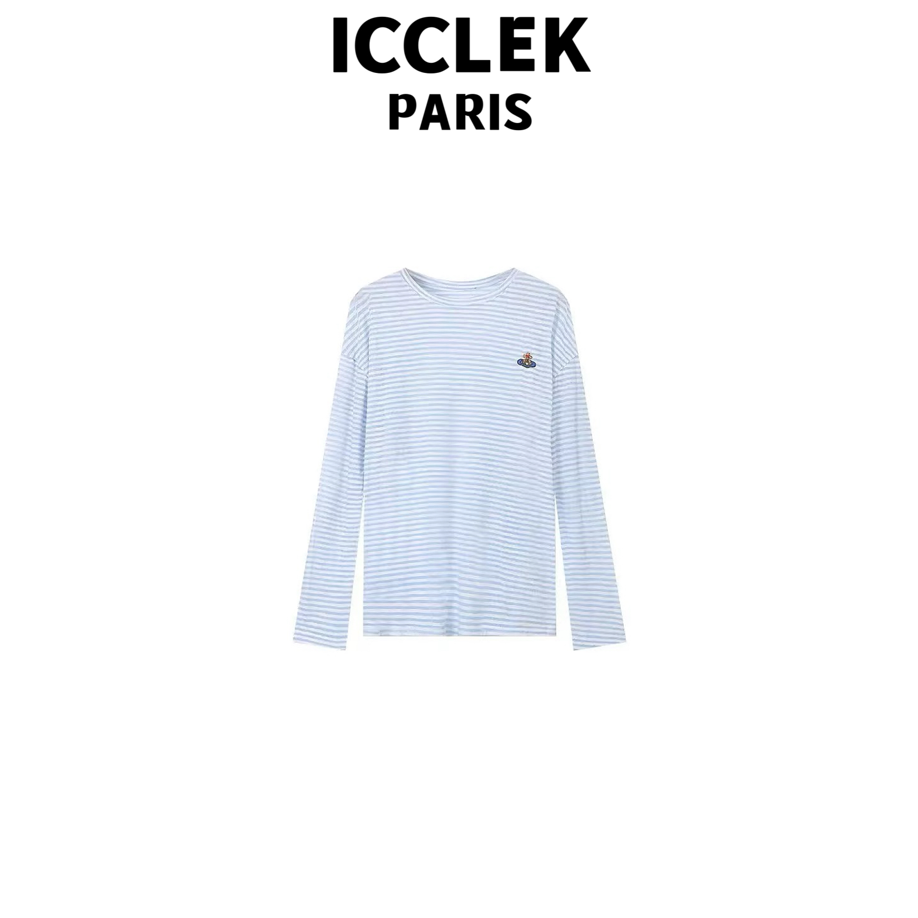 XY 蓝色圆领条纹刺绣长袖T恤百搭时尚慵懒宽松显瘦上衣 -5497