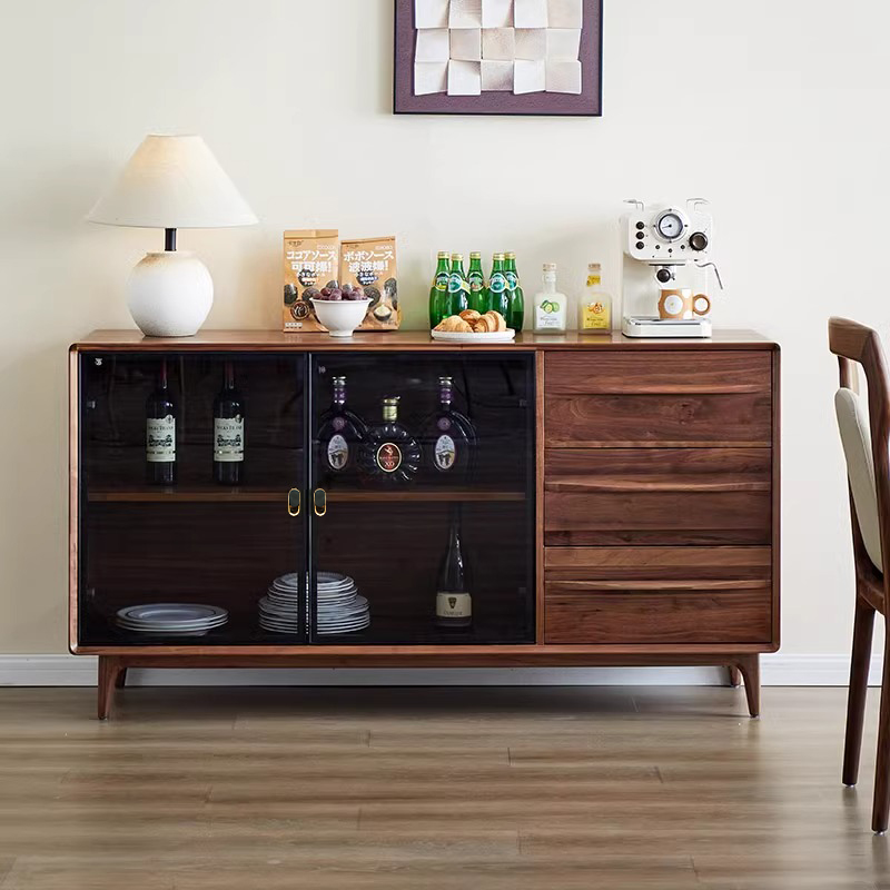 致典北美黑胡桃木餐边柜靠墙一体储物柜实木家用茶水柜客厅置物柜