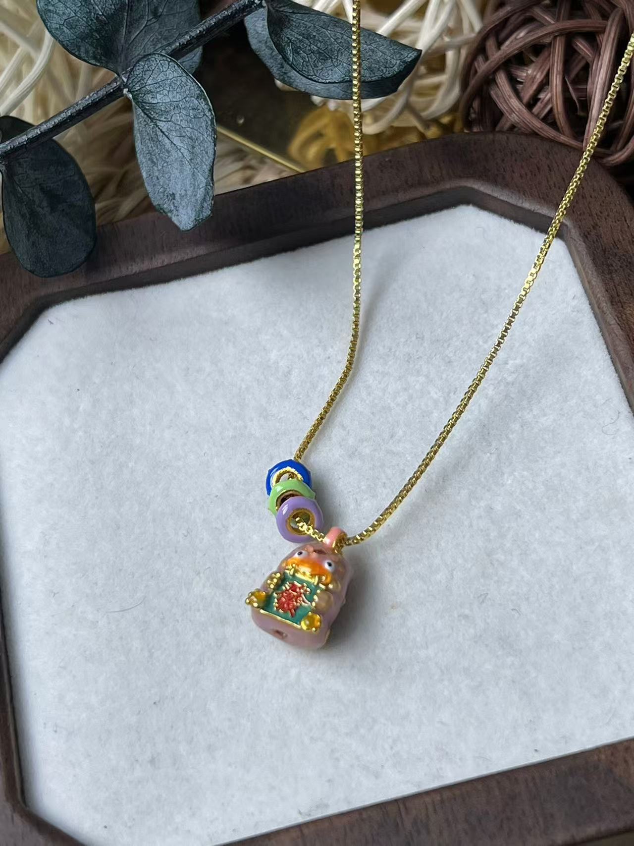 吊坠925银 15号-古法银镀金珐琅彩烧蓝工艺吞金兽吊坠