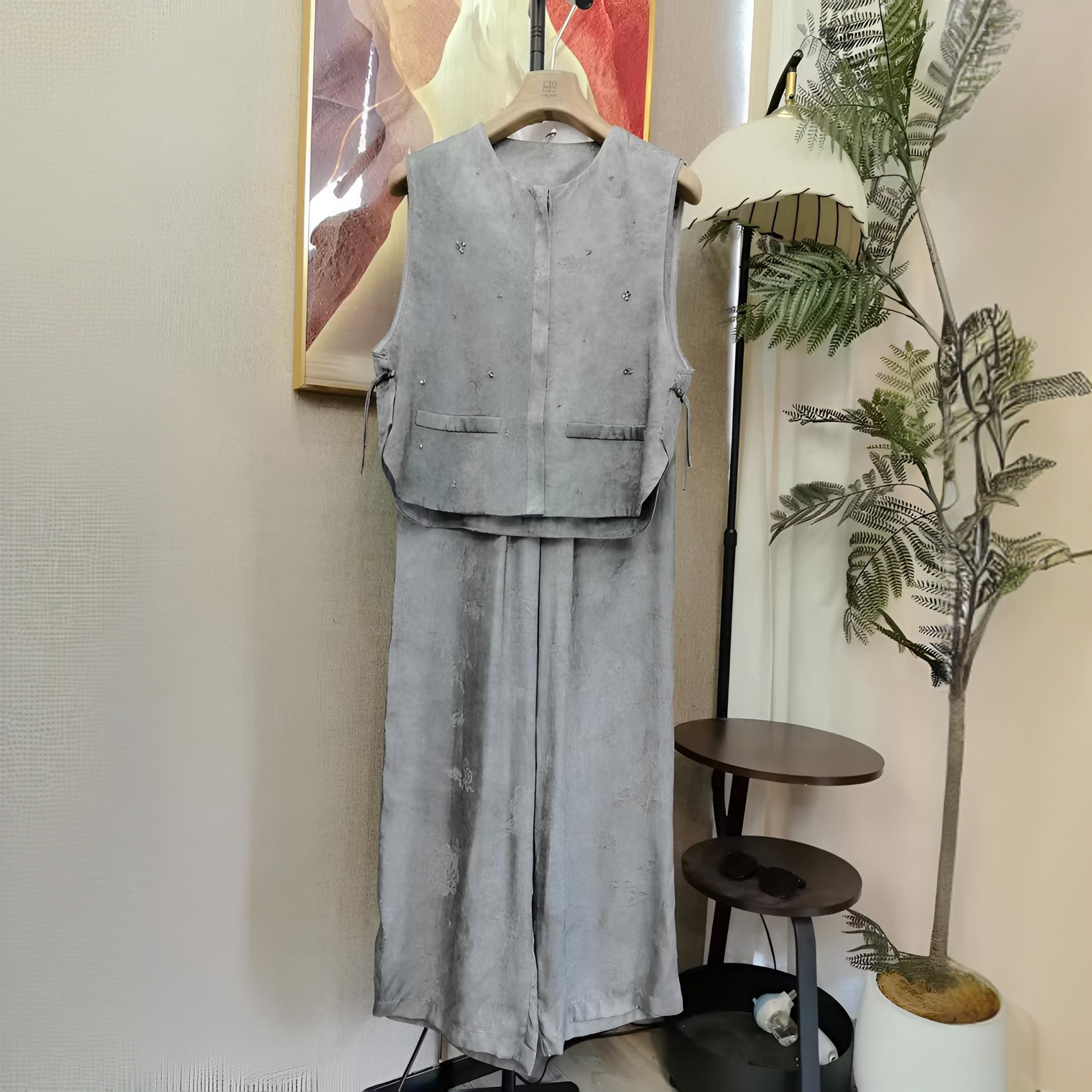 新中式老钱风 【冰川灰】重工手工钉珠花萝 马甲+休闲阔腿裤女