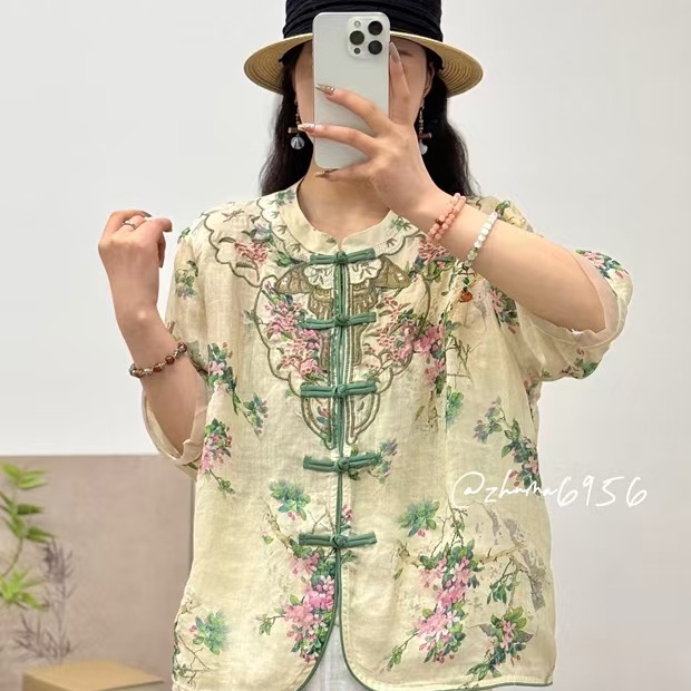 气质刺绣数码印花盘扣衬衣100%纯苎麻宽松百搭显瘦衬衣N32