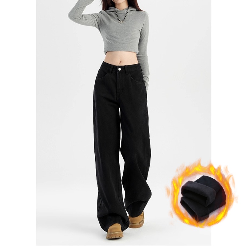 2025新款黑色窄版阔腿牛仔裤女秋冬季加绒显瘦高腰直筒拖地裤长裤