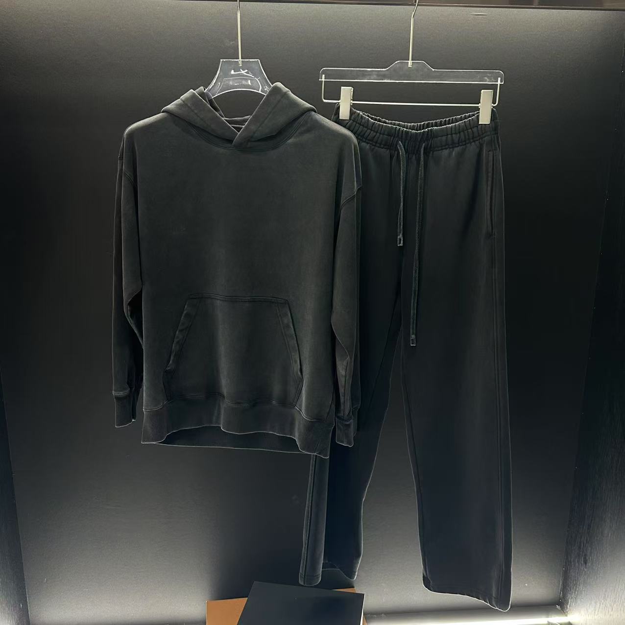 简约男士水洗做旧400g宽松透气运动轻奢圆领连帽休闲运动套装