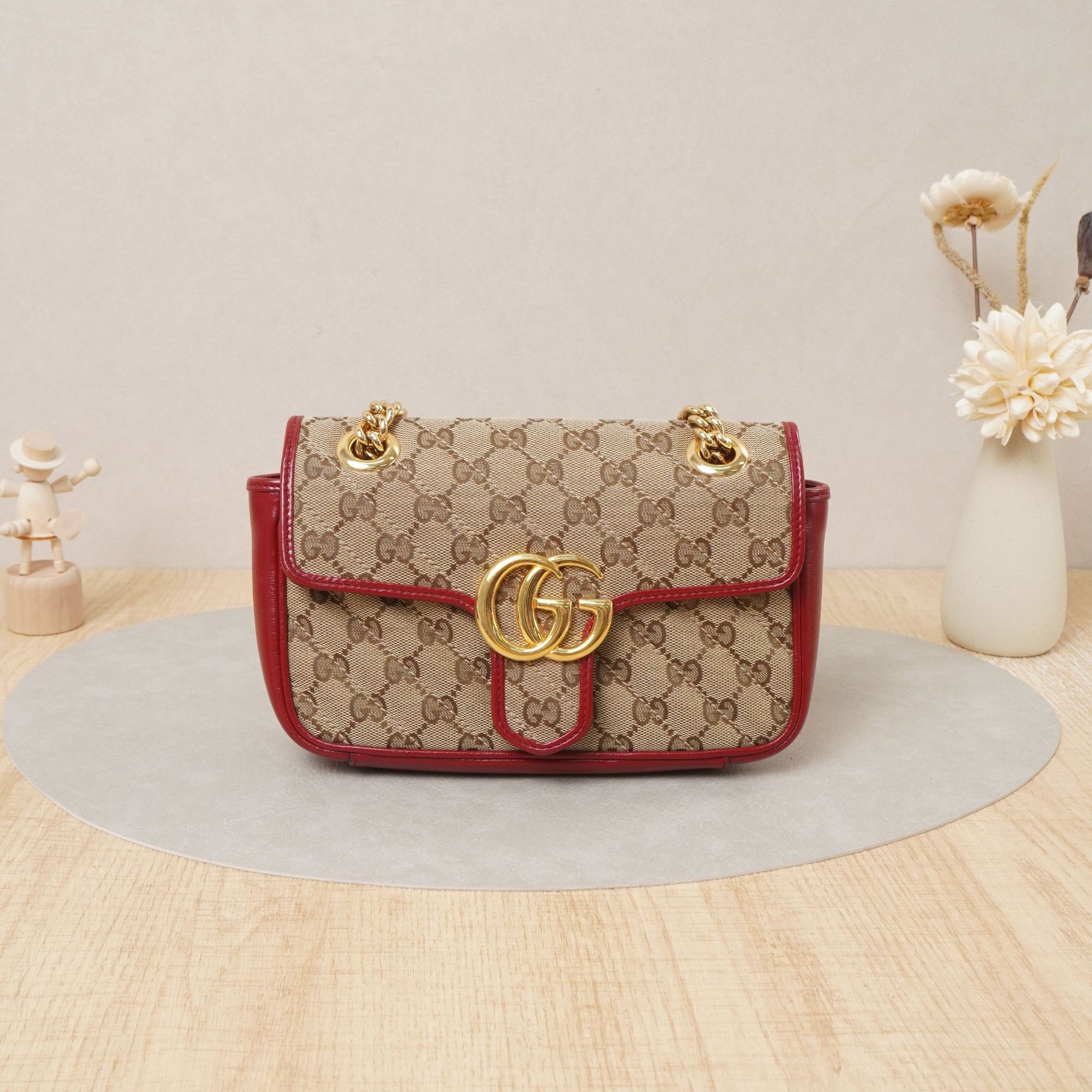 95新 GUCCI/古驰 古驰马蒙小号老花拼红帆布/DS040207