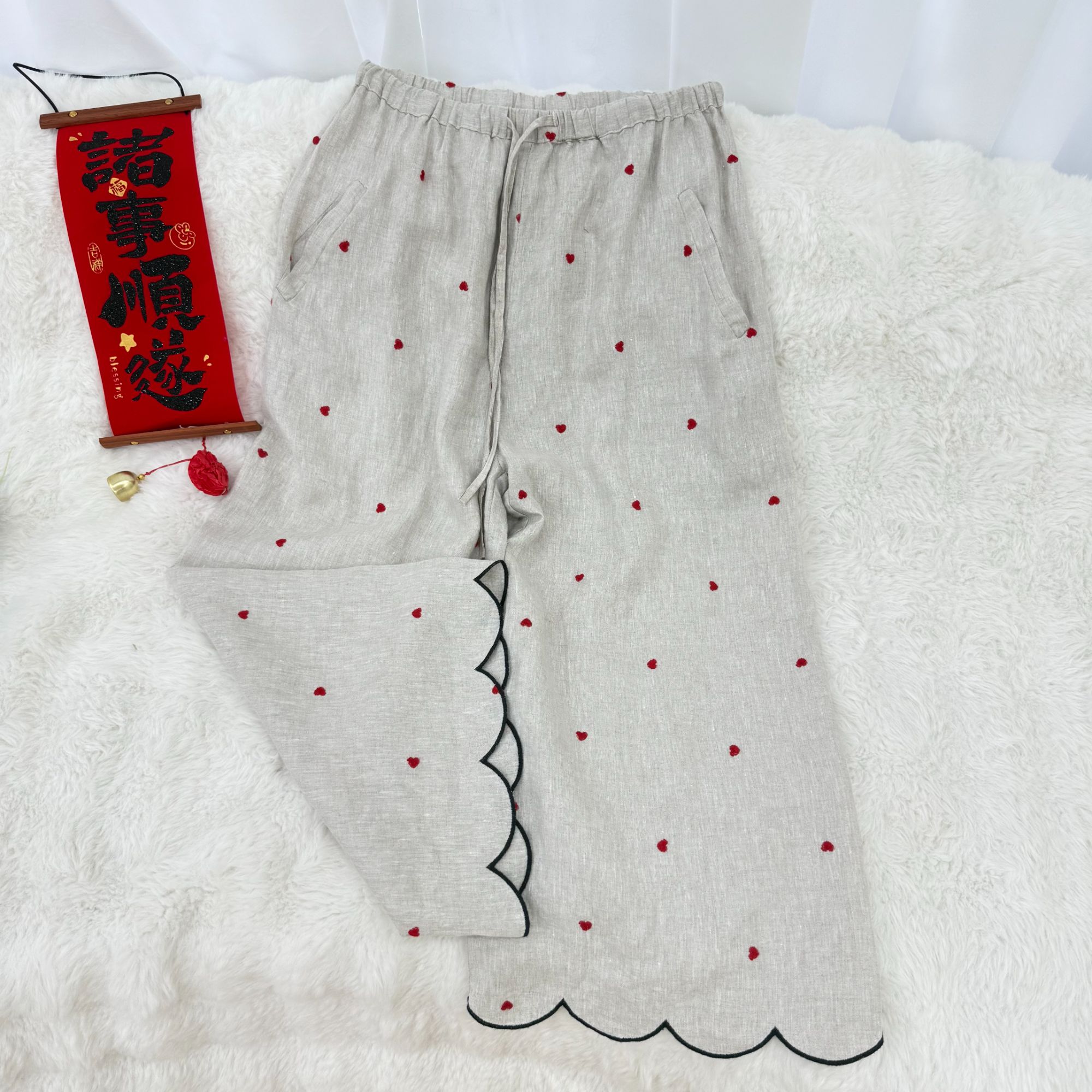 爱心刺绣天丝亚麻阔腿裤夏季松紧腰高腰薄款休闲裤百搭裤子直筒裤