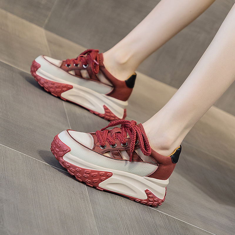 (2600)老爹鞋皮面镂空女夏季新款复古轻便内增高运动鞋厚底凉鞋