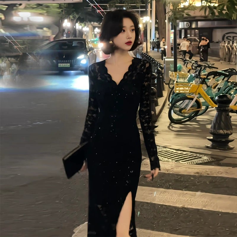 生日礼服高端轻奢小众钓系约会裙2025年新款赫本风黑色蕾丝连衣裙