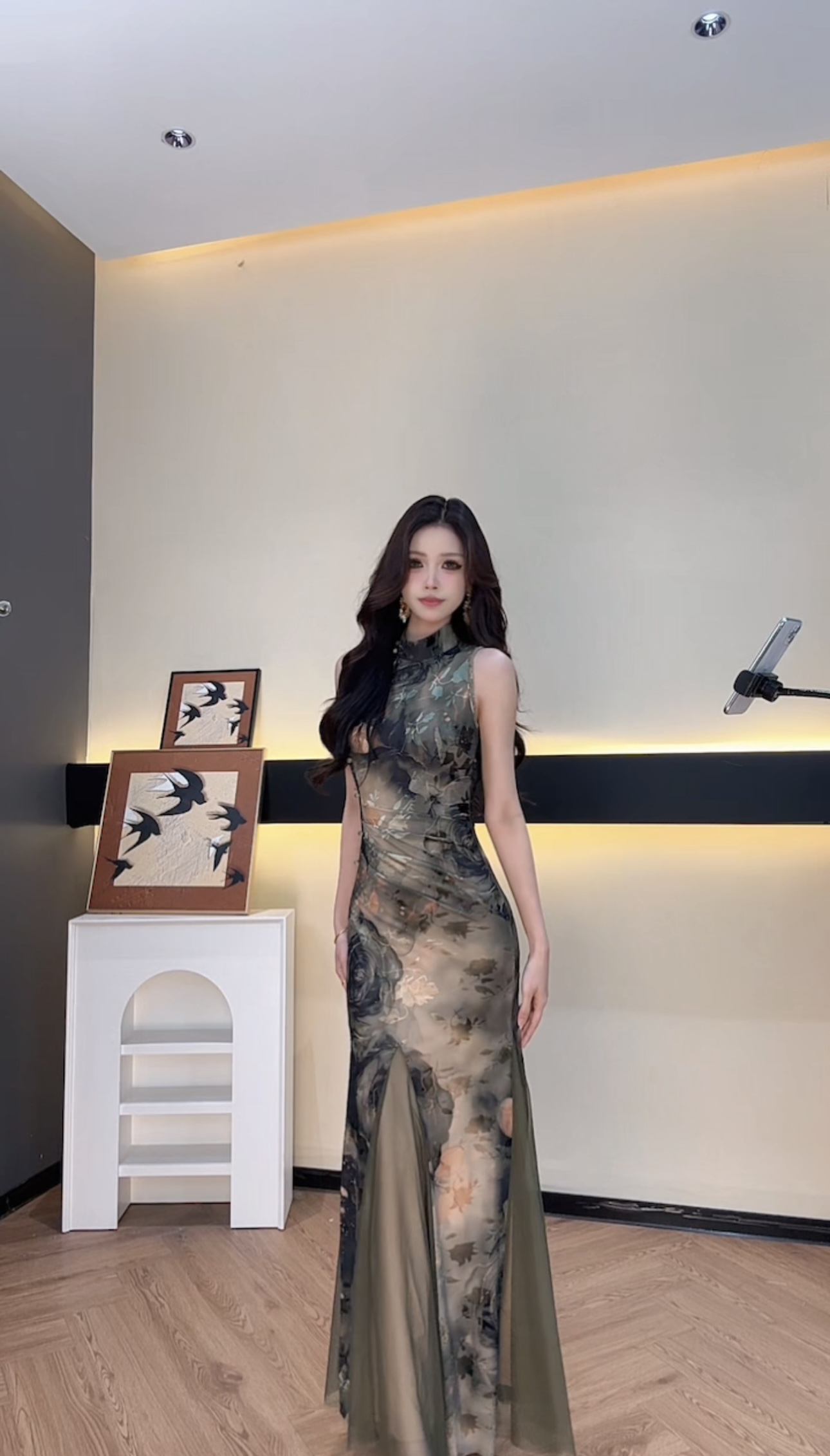 【茜茜推荐】收腰连衣裙气质开叉夏季印花无袖高龄长裙YNNYF51958