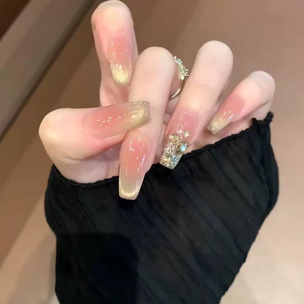 【微笑猫眼香槟钻】手工穿戴甲渐变显白法式美甲短款美甲穿戴甲片