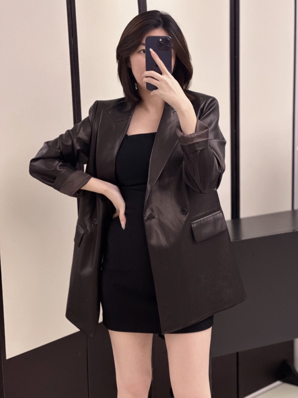 LADYKIMANH美式复古新款水洗皮衣西装女设计感小众中长款外套