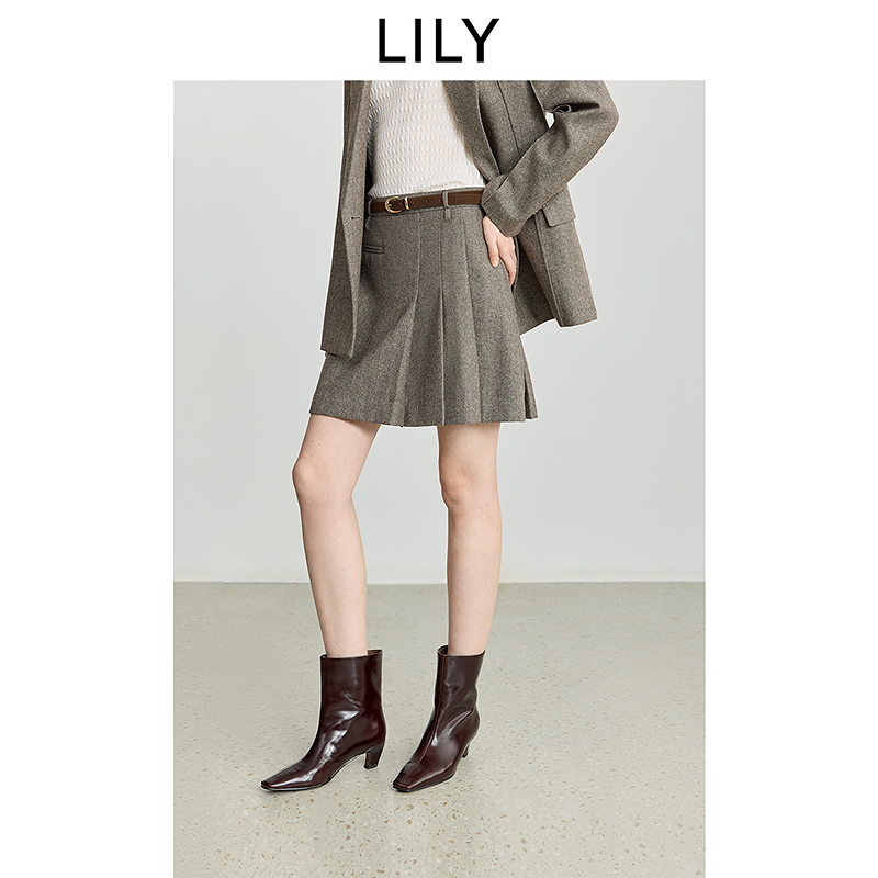 LILY2025冬女装羊毛混纺不对称压褶百褶裙半身裙短裙125409C6925