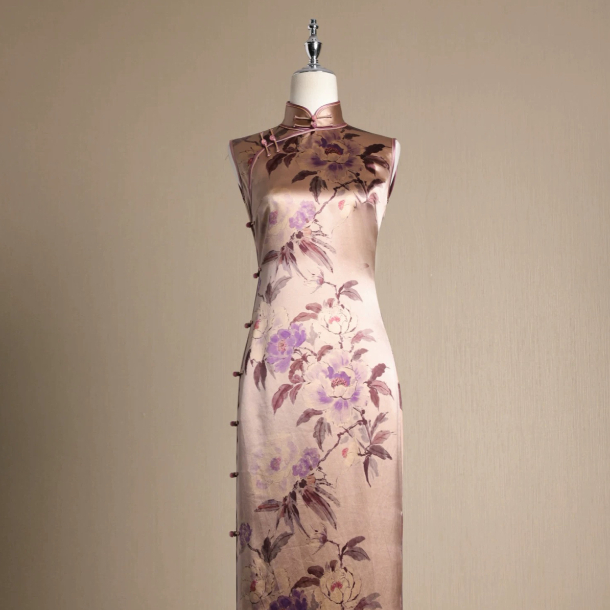 挽宴 「紫漾」50姆米前喷平裁古法手工旗袍真丝重缎高端旗袍