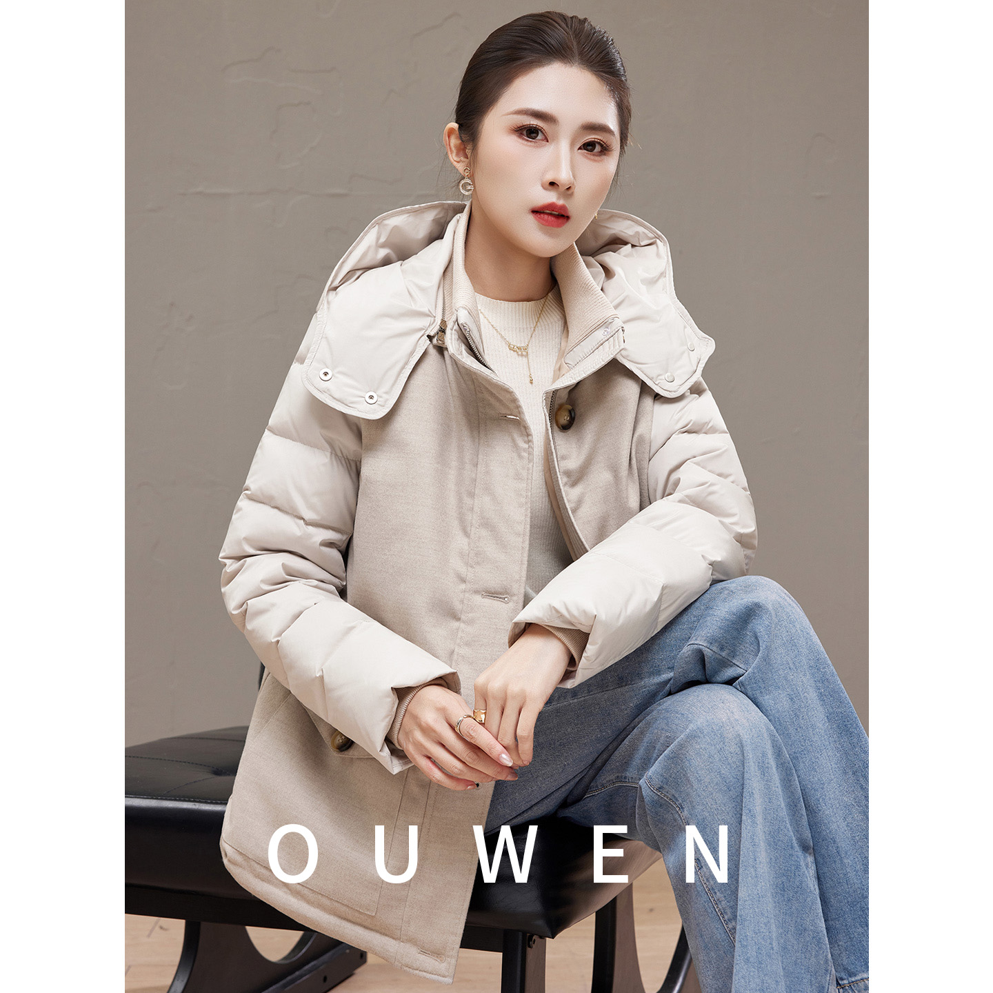 老钱风轻奢90白鹅绒羽绒服女连帽羊绒羊毛大衣设计感时尚潮流外套