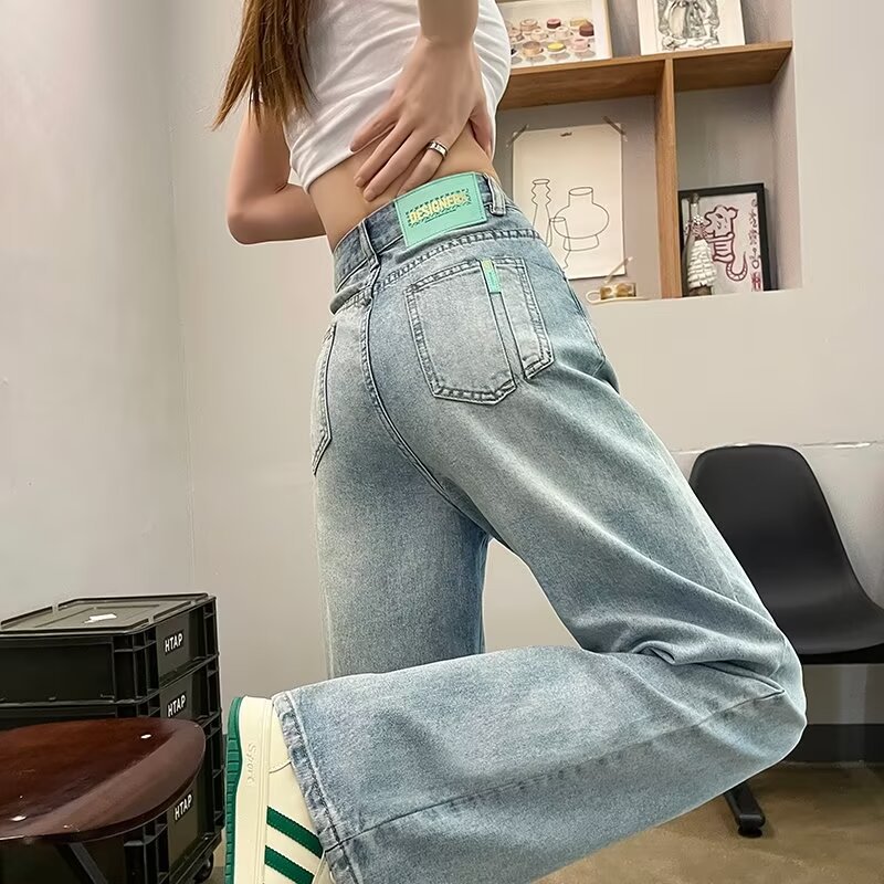窄版阔腿牛仔裤女春季薄款撞色高腰宽松设计感复古拖地直筒裤子