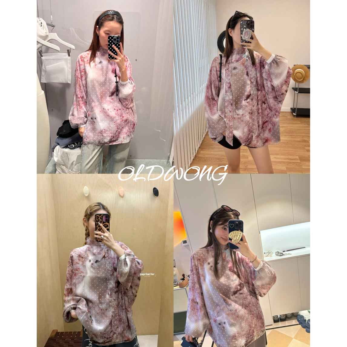 OLDWONG“波点猫猫”小众少女风波点猫猫丝带衬衫