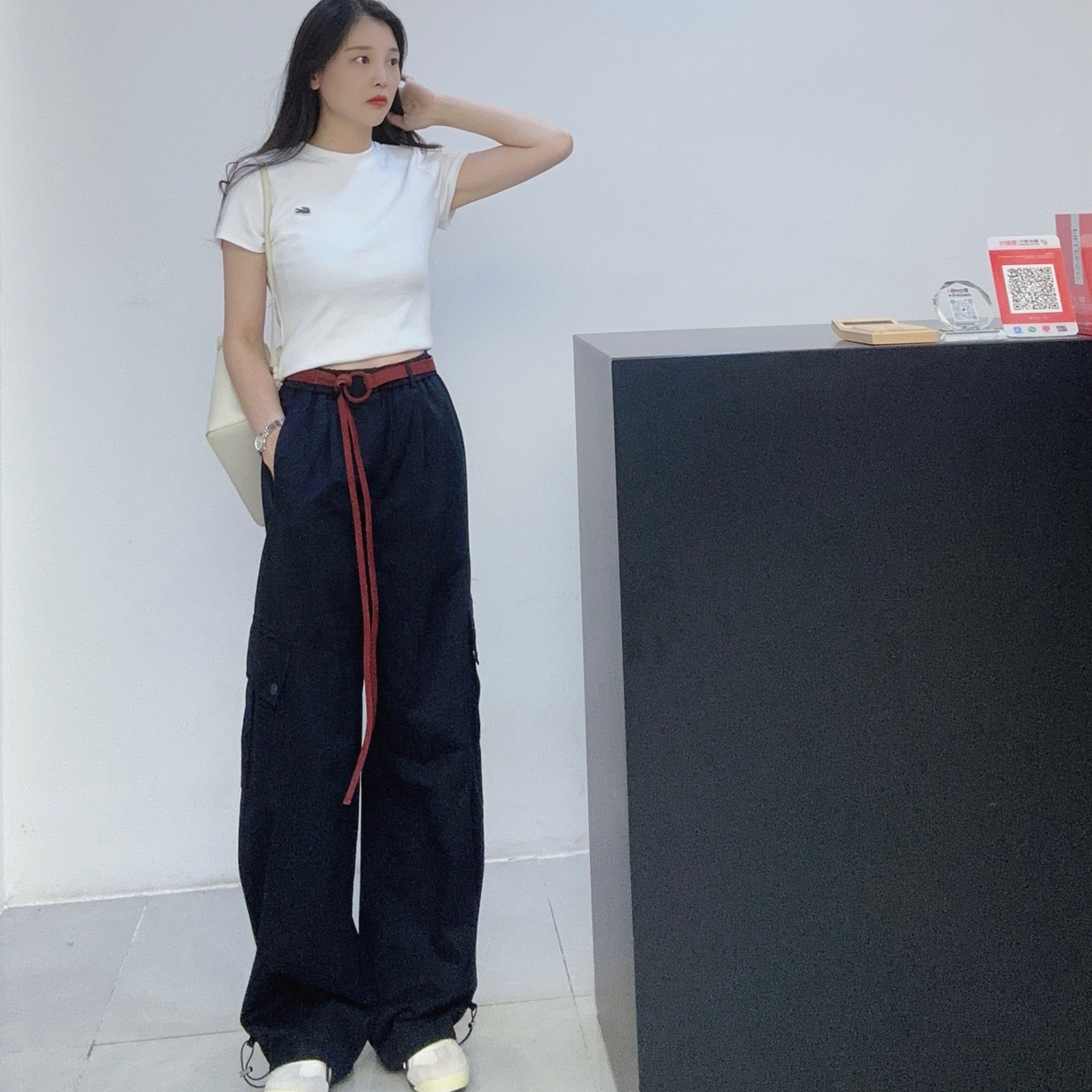 藏青色美式弯刀工装阔腿裤夏季薄款宽松显瘦休闲垂感好