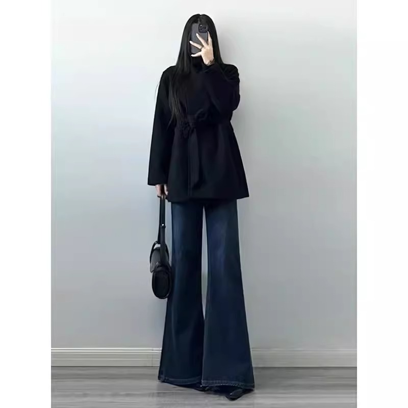 复古蓝不贴腿微喇牛仔裤女装2025春季新款高腰显瘦阔腿拖地喇叭裤