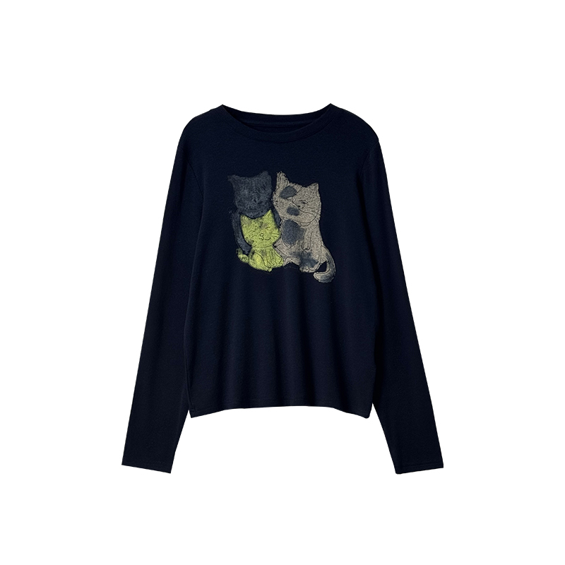 【涂鸦猫咪】2025秋冬版长袖T恤女宽松显瘦百搭打底衫上衣