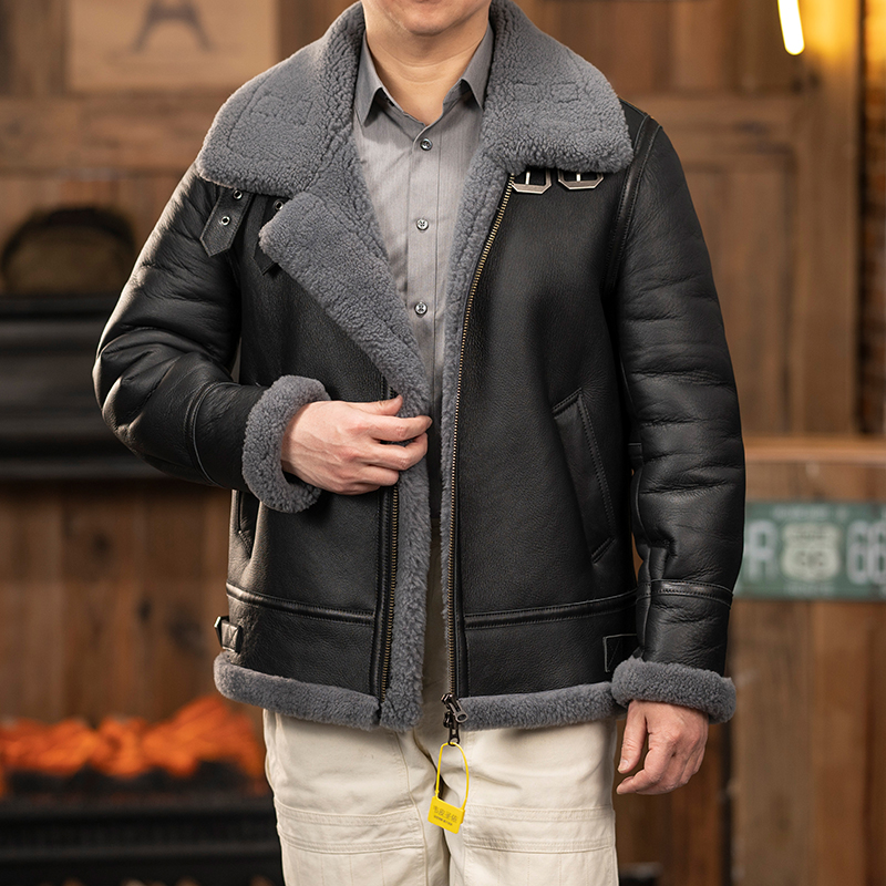 齐齐原生态皮毛一体外套男真皮真毛保暖御寒立翻领B3飞行服夹克