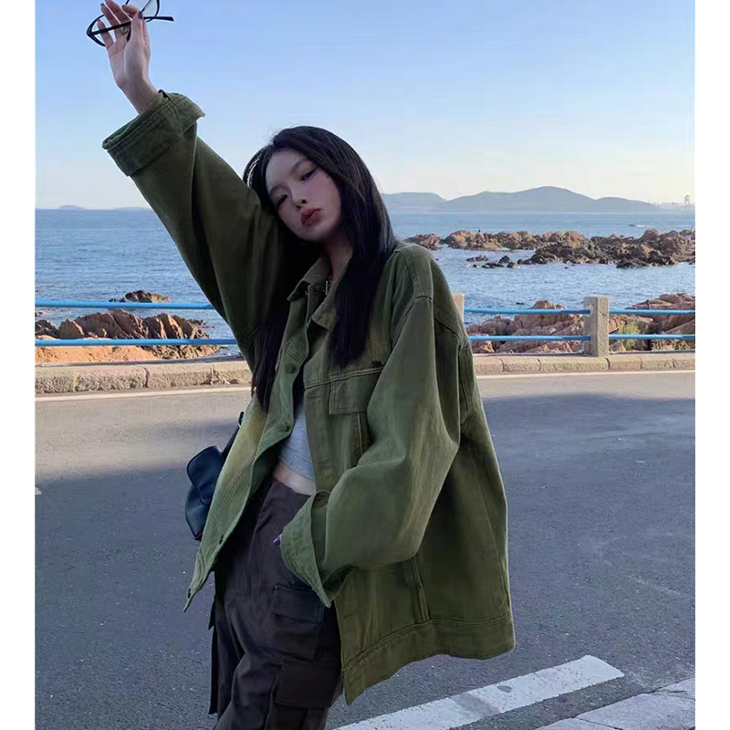 高级感POLO领绿色长袖牛仔外套女春秋冬大码美式复古宽松夹克开衫