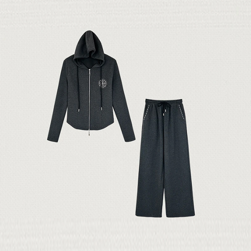 075【气质小蛮腰】2025秋新款高级感烫钻连帽上衣+直筒裤显瘦两件套