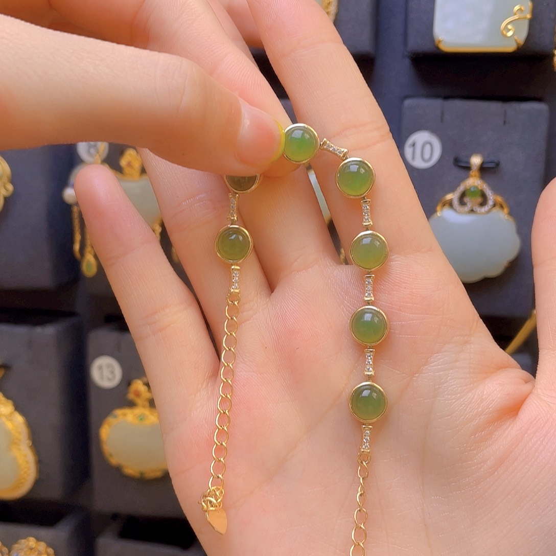 和田玉手链银S925镀金镶嵌