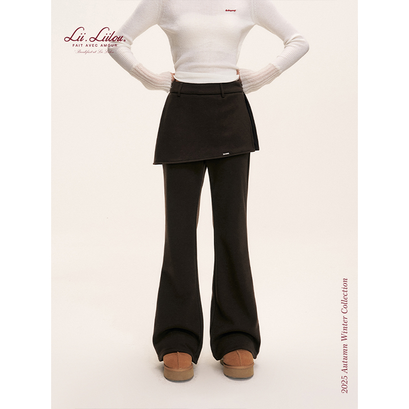 Liilou 慵懒休闲 内里加绒 假两件臀帘宽松微喇叭休闲裤