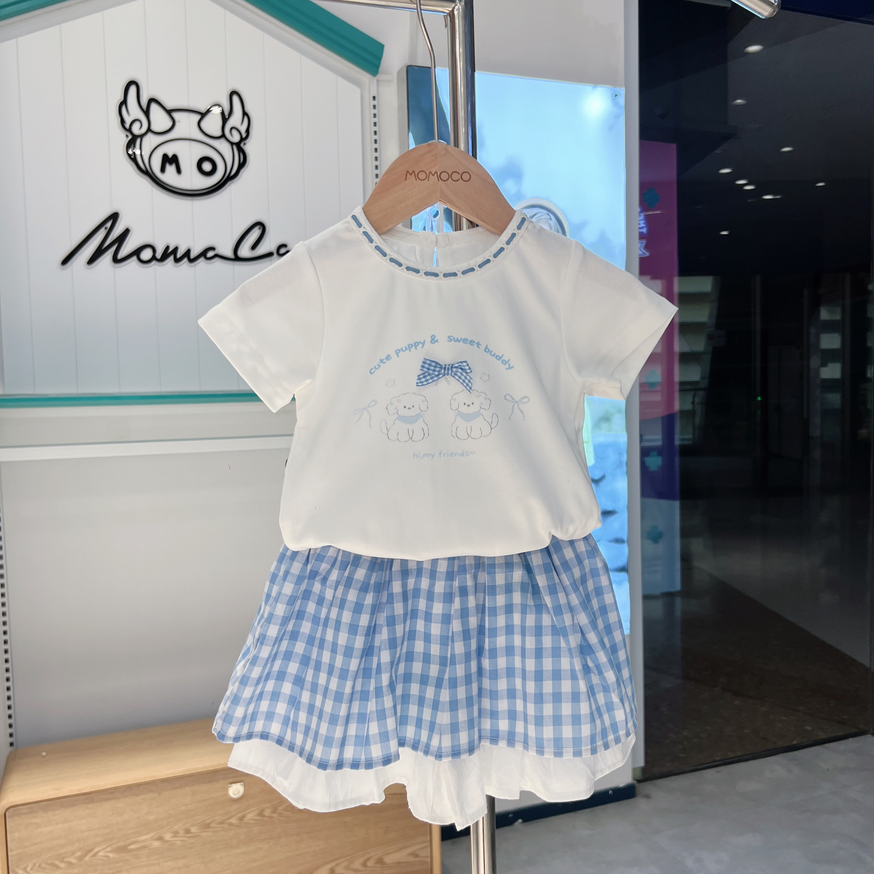 MOMOCO女童夏季甜美洋气休闲百搭蓝色格子两件套77630235106