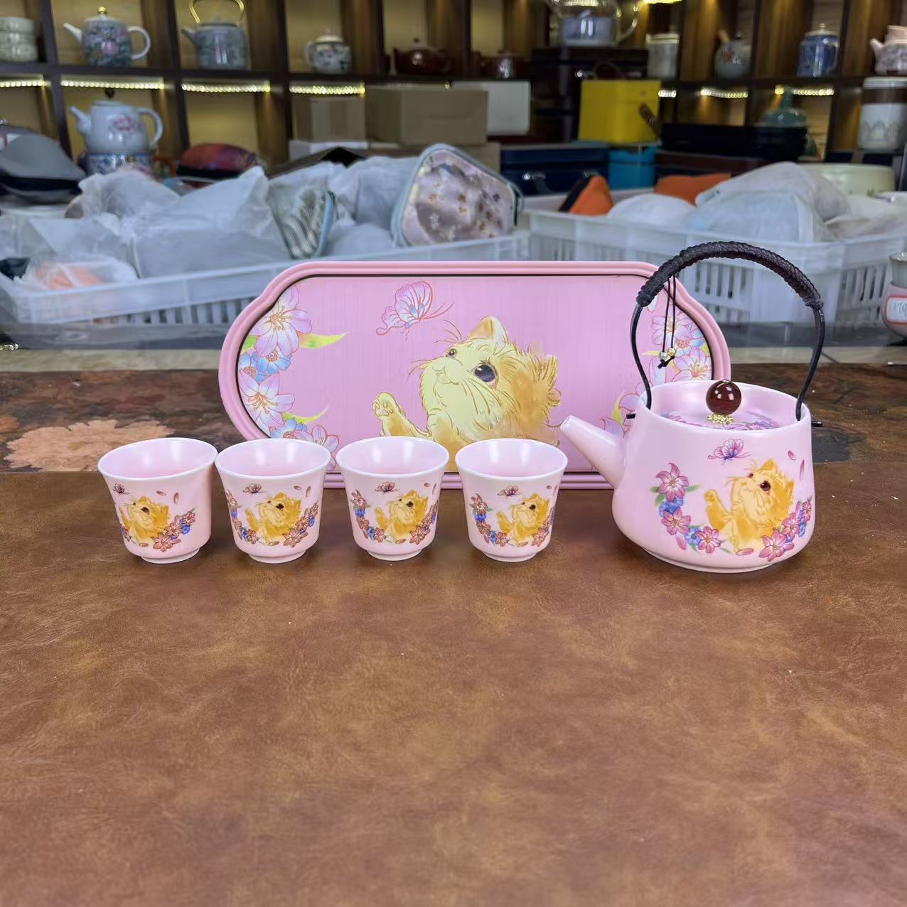 萌猫扑蝶提梁壶1壶4杯+萌猫茶盘可爱俏皮家用1850