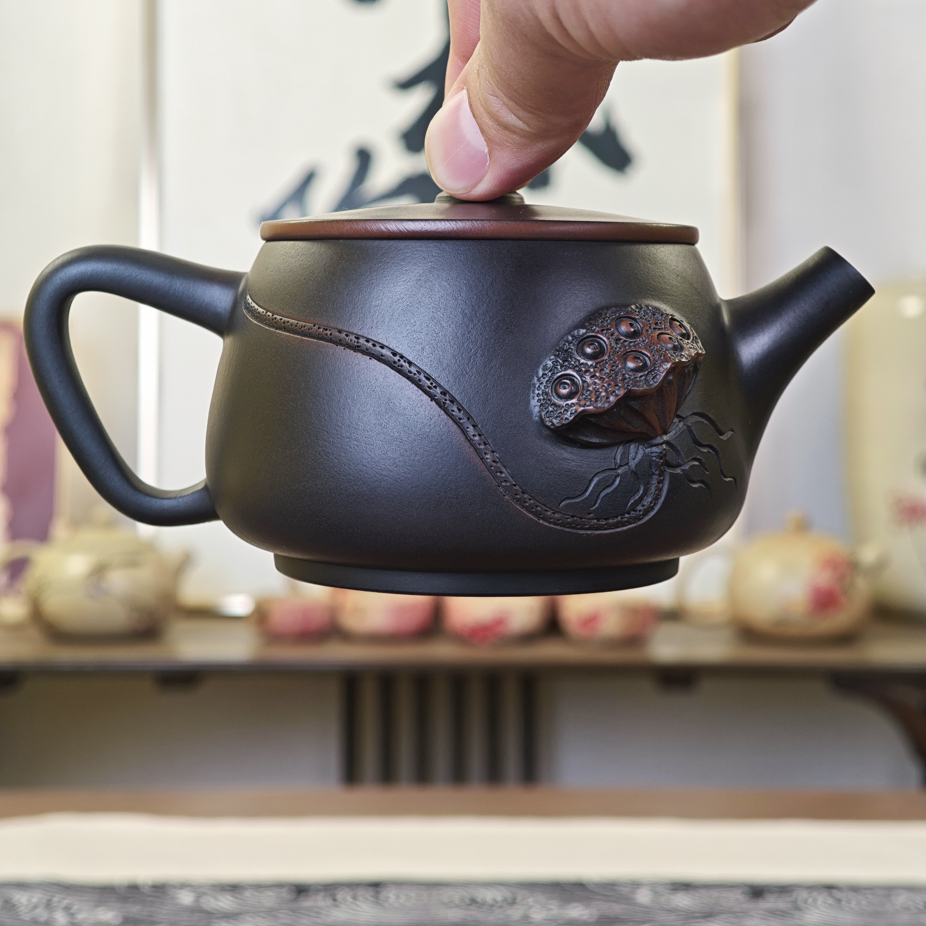 莲蓬金腰带汉瓦-容量约200毫升-堆雕莲蓬-纯天然泥料-赠同款杯子