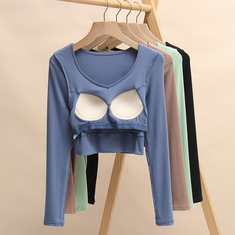 小美福利店2025爆款代尔带胸垫露脐长袖T恤女