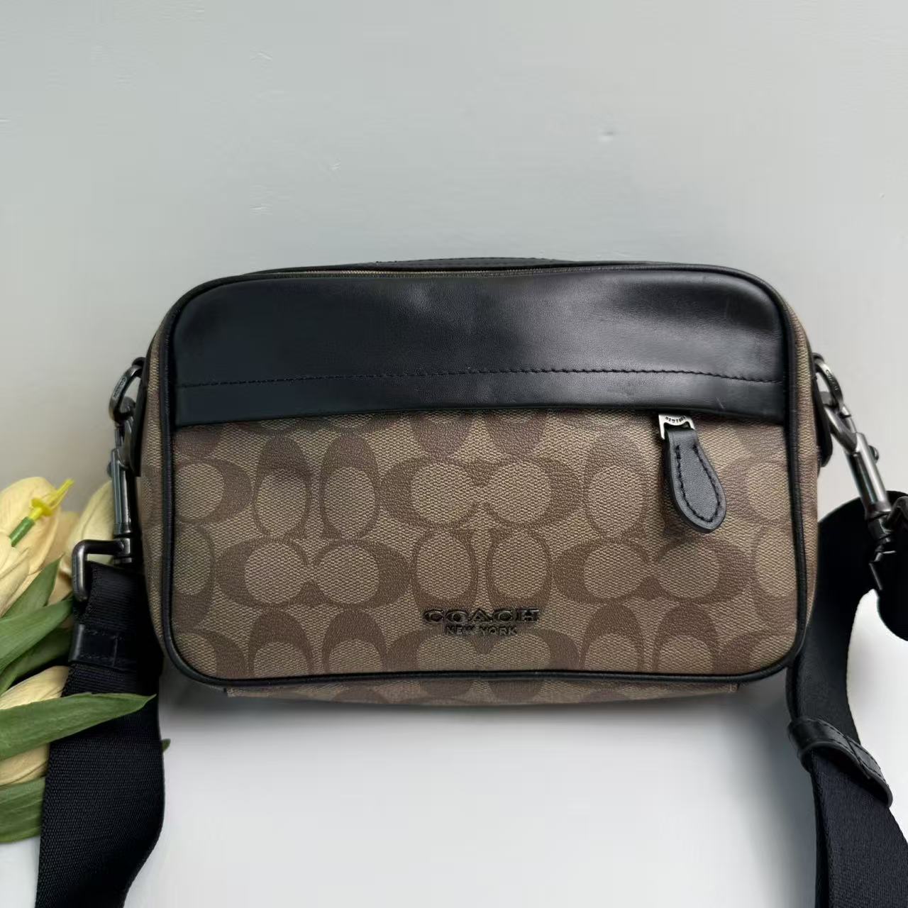 95新 COACH/蔻驰 蔻驰老花相机百搭单肩包