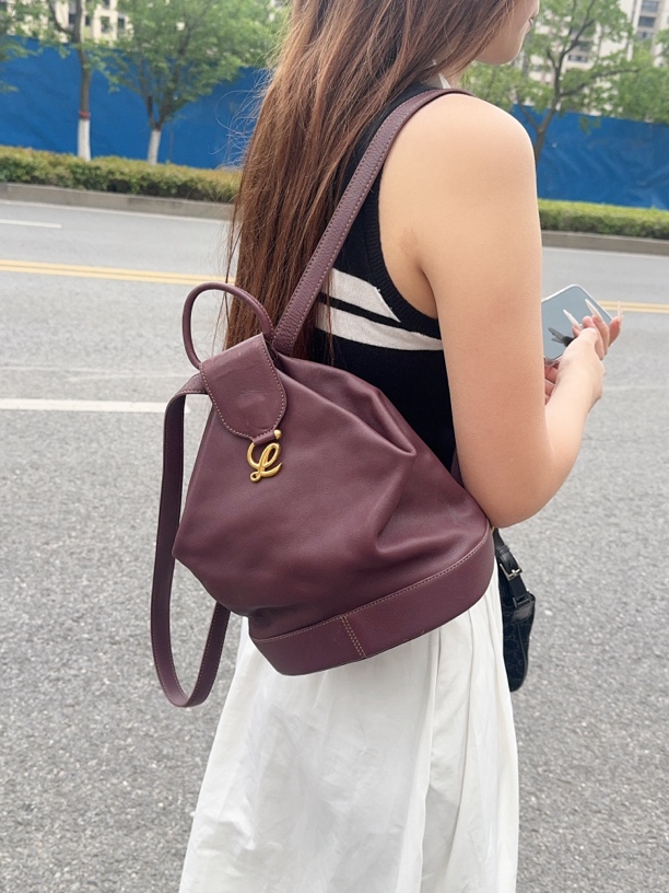 95新 LOEWE/罗意威 罗意威酒红色双肩包包