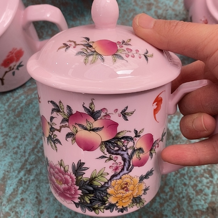 摆件陶红稀土寿桃直筒办公杯