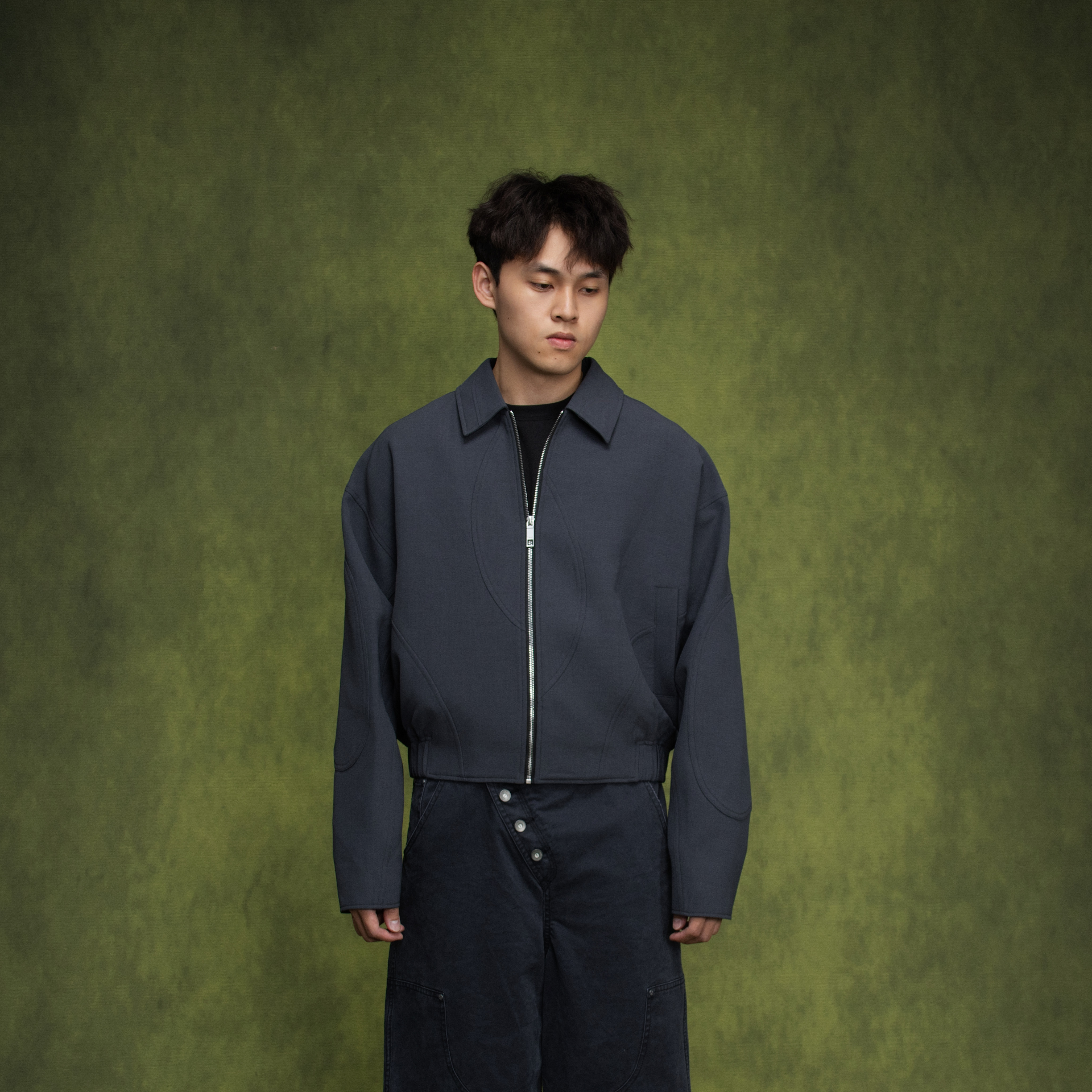 OaOO不对称拼接夹克短宽廓形翻领外套通勤休闲外套秋冬男士